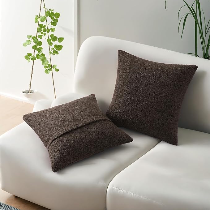 HAUSSY Set of 2 24x24 Decorative Throw Pillow Covers, Soft Cozy Textured Boucle Couch Cases, Home Decor for Couch Bed Living Room, Dark Coffee