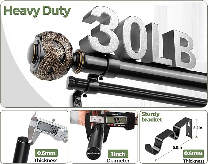 1 Inch Double Curtain Rods 36 to 72 Inches (3 to 6 ft), USFOOK Black Drapery Rods for Windows 24 to 68 Inches, Telescoping Dual Curtain Rod with Woven Leaf Finials