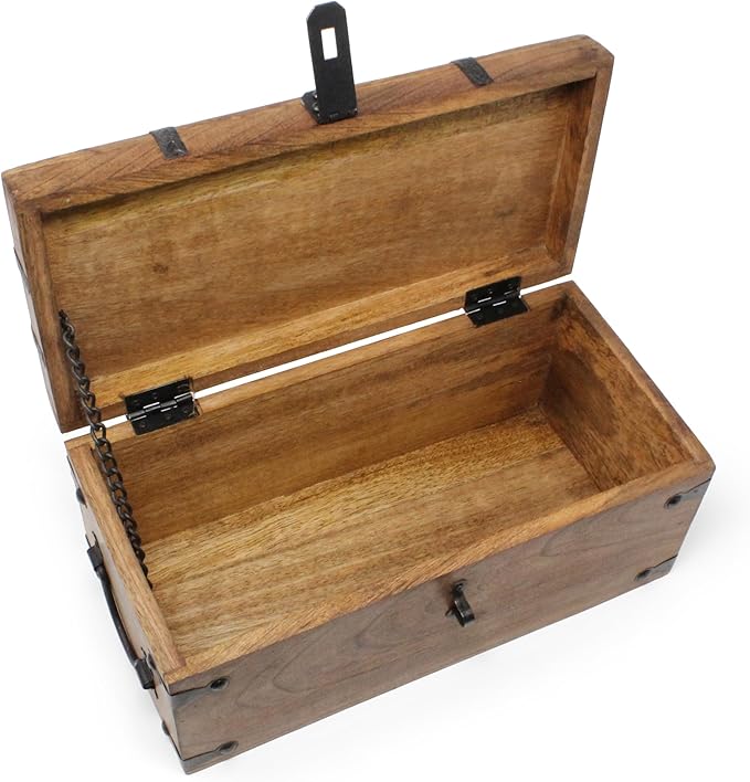 Nautical Cove Treasure Chest Wooden Box with Antique Iron Lock and Skeleton Key (Medium 12.5x6x5.5) - Storage and Decor – Pirate Chest, Decorative Storage Chest with Hinged Lid, Wood Treasure Box