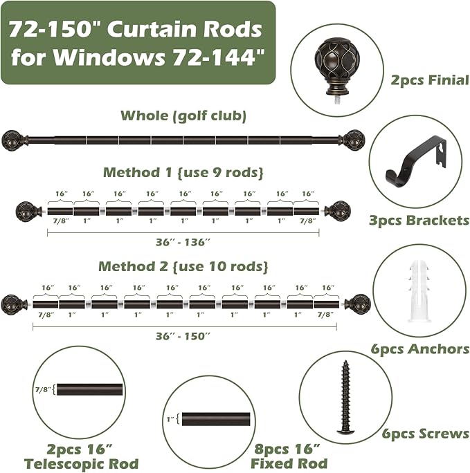 Bronze Curtain Rods for Windows:Farmhouse Boho Decorative Curtain Rod for Bedroom Living Room,Heavy Duty Adjustable Rustic Drapery Rods Set with Vintage Coastal Finials,Antique Bronze 72-144"