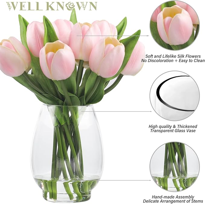 WELL KNOWN 12 Pcs Tulips Artificial Flowers in Vase, Real Touch Tulips with Vase with Upgrate Acrylic Water Flower Arrangements Centerpiece for Dining Room Table Decoration（Pink）