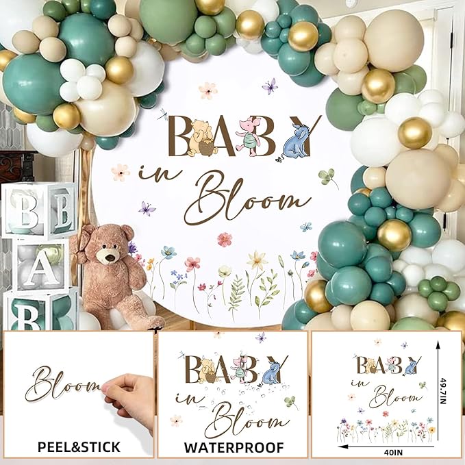 Baby in Bloom Baby Shower Sign, Winnie Wall Decals Stickers, Welcome Stickers Decoration for Arch Backdrop, Gender Reveal Winnie Decor for Nursery Home Wall