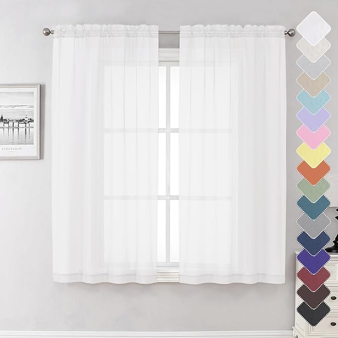 Lecloud White Sheer Curtains 63 Inch Length 2 Panels Set, Elegant Voile White Curtains for Bedroom Living Room, Airy Sheer Drapes for Dinning Room with Rod Pocket, Each Panel 42 X 63 Inch