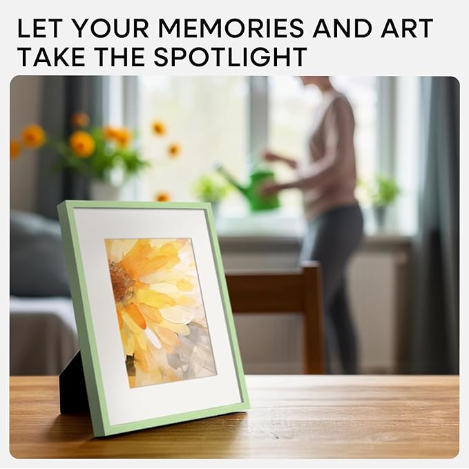Homeforia 8.5x11 Sage Green Frame, High End Metal 8.5 x 11 Picture Frames with Mat 6 by 8 inch Photo, 11x8.5 Poster Frame Matted to 6x8 Art, Wall or Tabletop Frames, Tempered Glass, Wall Kit, Set of 2