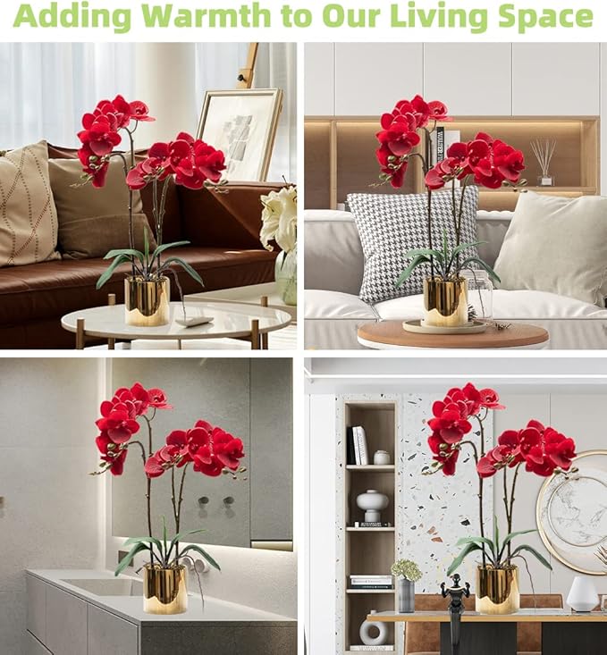 CXGS Artificial Orchid Flower Plant Real Touch Faux Orchids in Ceramic Vase Red 19.7'' Fake Phalaenopsis Flower Arrangement Centerpiece Home Indoor Decor