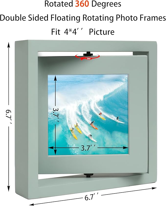4x4 Double-Sided Rotating Floating Square Picture Frames (2 Pack, Teal Blue), Solid Pine Wood with Real Glass for Horizontal Vertical Standing Display Desk Tabletop Photo Frames