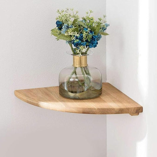 Corner Shelf, Solid Oak Wood Floating Corner Shelf Wall Mount Round End Floating Speaker Shelves with Wire Hole for Small Plant Photo Frame for Bedroom Kitchen, Living Room (Oak, 7.1in)