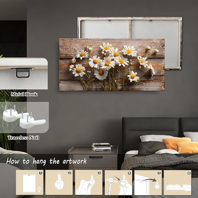 KZKU Rustic Daisy Canvas Wall Art-Large Farmhouse Floral Print- White Flowers on Weathered Wood Background- Modern Decor for Living Room Bedroom 24X48in
