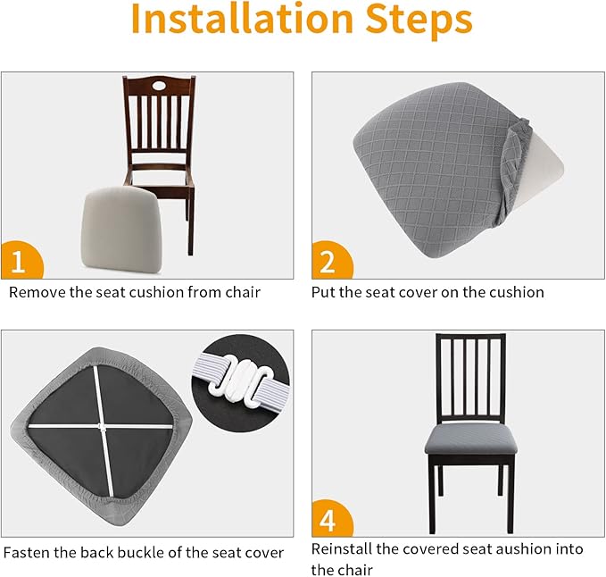 Fuloon Waterproof Seat Cushion Covers 6 PCS, Stretch Jacquard Chair Seat Covers Washable Dining Room Seat Slipcovers Removable Kitchen Chair Protector (6, Waterproof-Light Grey)