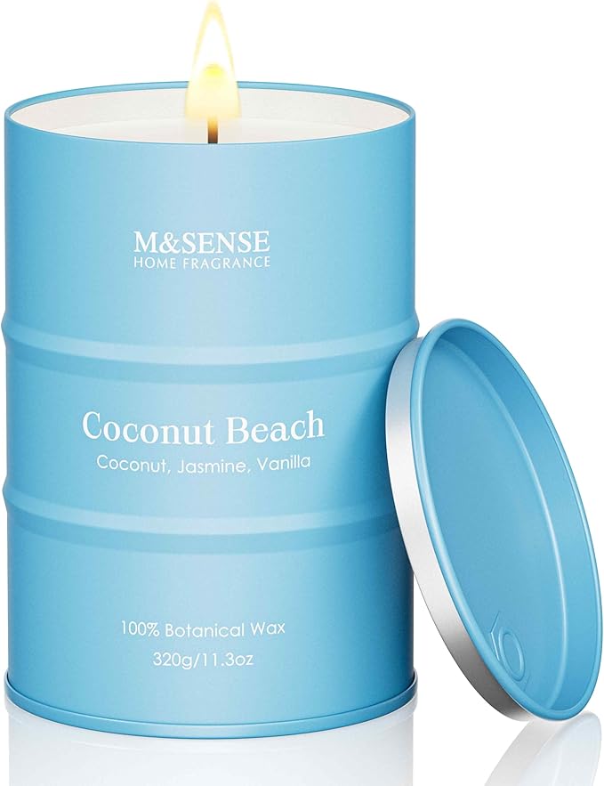 M&SENSE Coconut Beach Scented Candles Beach Soy Candle, Summer Candle for Stress Relief Meditation Relaxing, Housewarming Gifts for Women Men, 11.3oz 70 Hour Long Burning