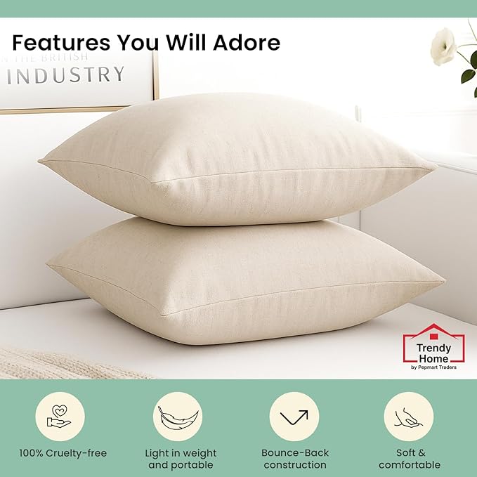 Trendy Home 16x16 100% Natural Cotton Throw Pillow Insert(Set of 2), Bed and Couch Pillows Stuffer Hypoallergenic, Decorative Home Outdoor Sofa Pillow Filler (Cotton, 2 Pack)