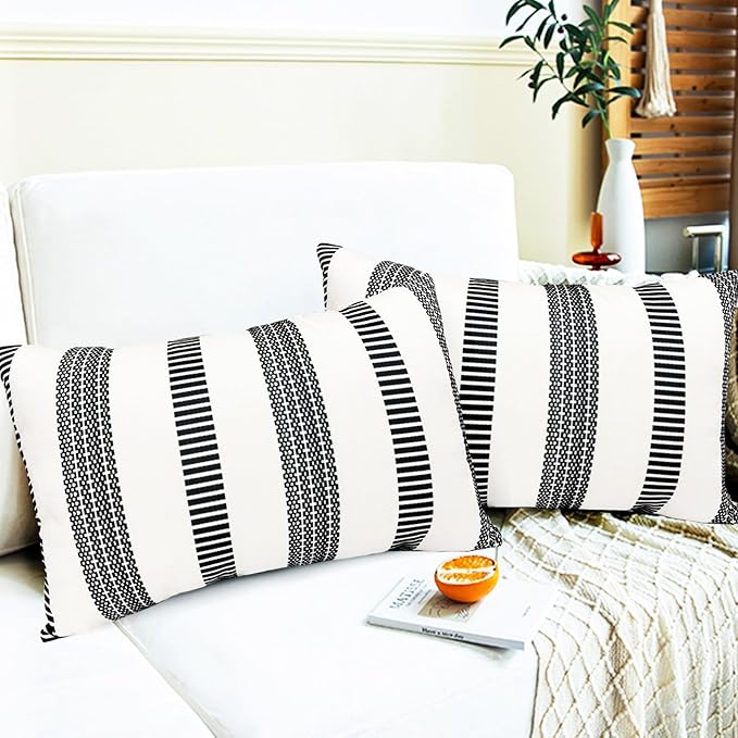 Decorative Throw Pillow Covers Set of 2 Black Boho Striped Pillow Covers 12x20 Inch Throw Pillow Cover Linen Pillowcase Farmhouse Outdoor Pillow Covers for Couch Sofa Bed Living Room