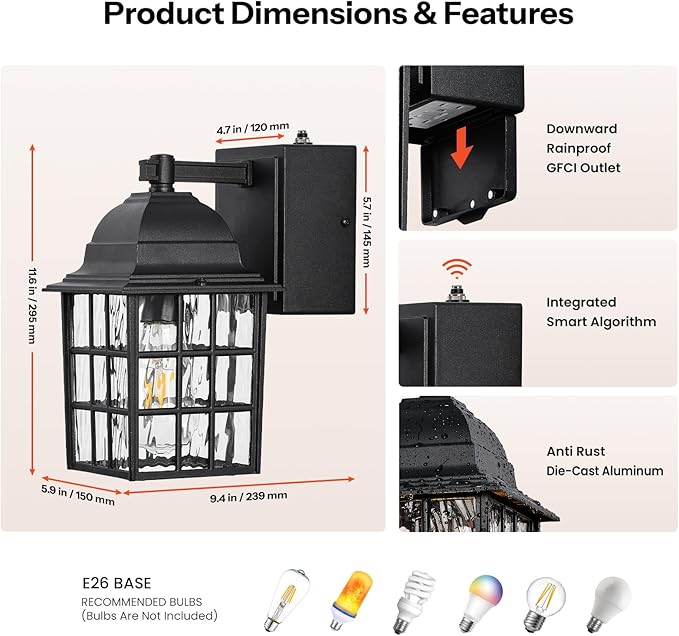 Gleamz Dusk to Dawn Outdoor Porch Light with GFCI Outlet, Modern Black Exterior Lighting Fixtures Wall Mount for House, Anti-Rust Outdoor Wall Sconce Lantern for Garage Coach with Water-Ripple Glass