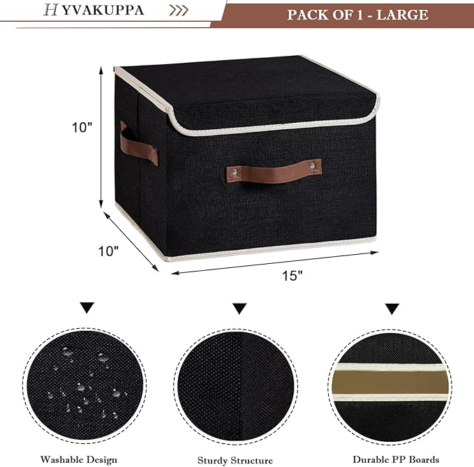 2PCS Collapsible Storage Boxes Baskets with Lid Cotton Linen Fabric Storage Bins with Faux Leather Handles Washable Cube Organizer Container for Home Closet Bedroom (Black, Large Size)
