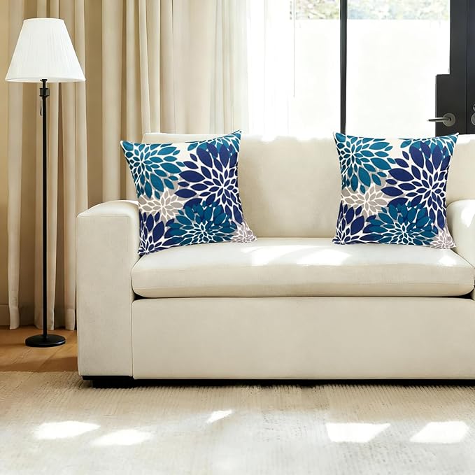 Decorative Throw Pillow Covers Set of 2 Blue Pillow Covers 18x18 Inch Couch Pillow Covers for Sofa Living Room Outdoor Throw Pillow Cover Linen Square Floral Flower Farmhouse Pillowcase