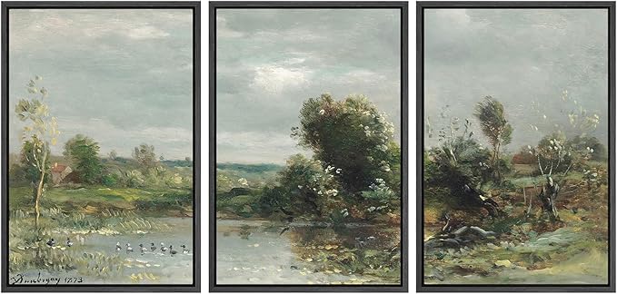 SIGNWIN Framed Canvas Print Wall Art Set Tranquil River Reflections Classic Nature Illustrations Modern Art Decorative Rustic Calm/Zen for Living Room, Bedroom, Office - 24"x36"x3 Black