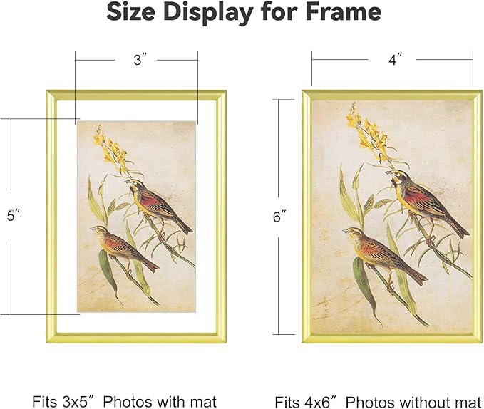 4x6-3P Picture Frame Matte Gold Brushed Thin Metal Float Photo Frame with HD Glass, Fit 3x5 with Mat or 4 x 6 without Mat, for Table and Wall, 3 Pack