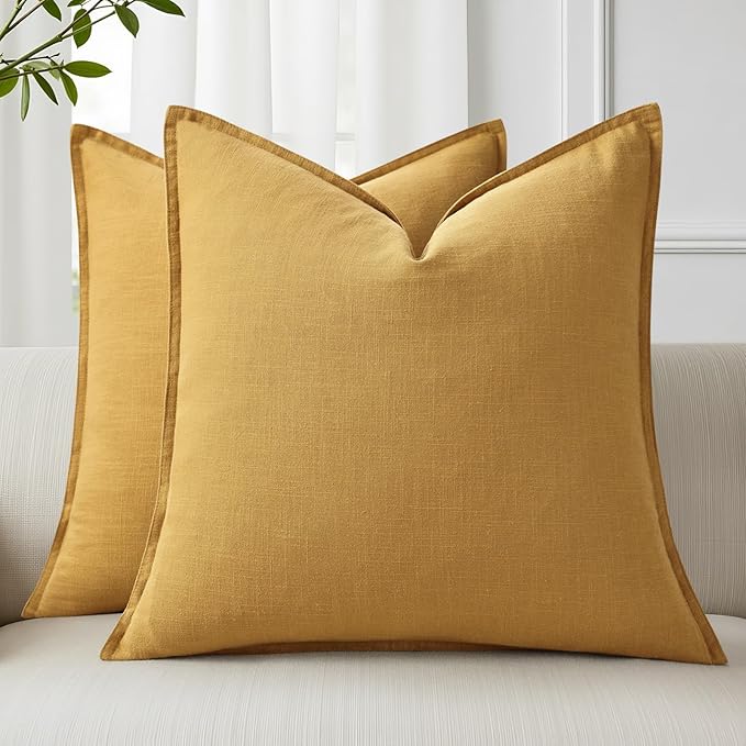 decorUhome Christmas Decorative Linen Throw Pillow Covers 22x22 Inch Set of 2 Mustard Yellow Soft Pillow Covers with Flange Edges Soft Farmhouse Boho Accent Pillow Cases for Couch Sofa Bed Living Room