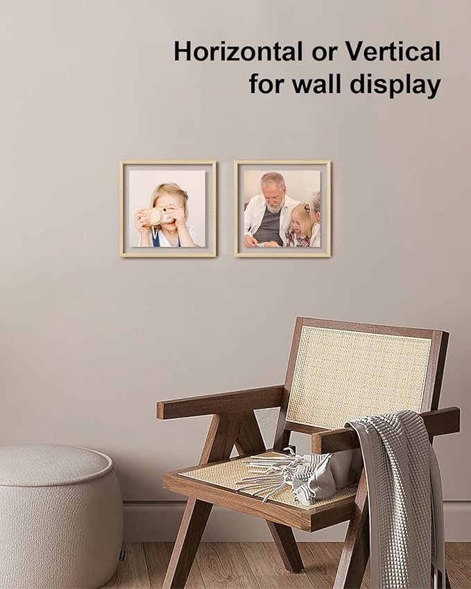 Egofine 8x8 Floating Frames Set of 2, Double Plexiglass Picture Frame, Made of Solid Wood Display Any Size Photo up to 8x8, Wall Mount or Tabletop Standing, Natural Wood