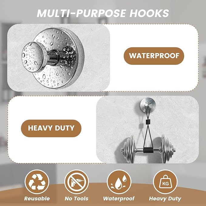BKV Suction Cup Hooks for Glass Window,Removable Shower Hooks for Inside Shower,Metal Towel Hooks for Bathrooms,6 Pack(Mirror)