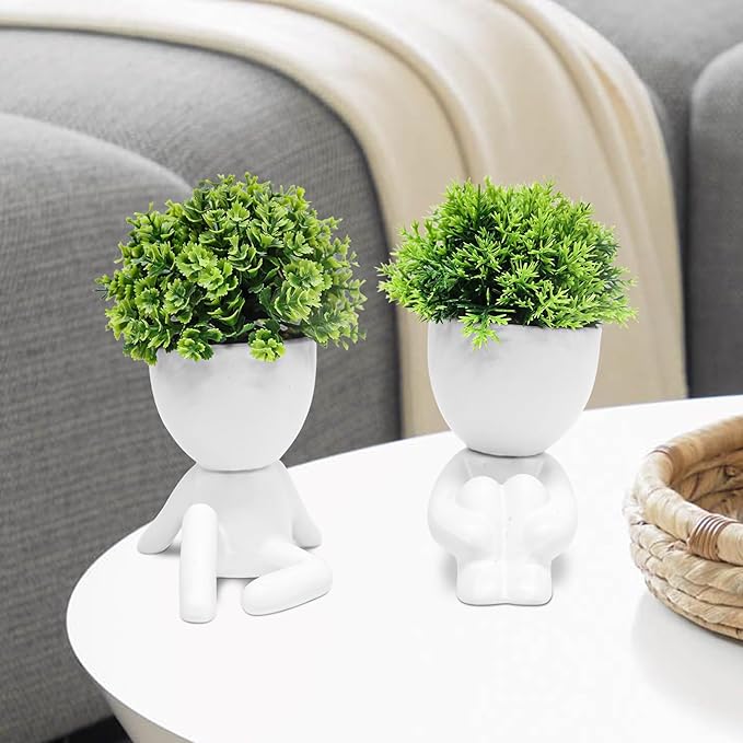 MAKHOT 4 Packs Creative Fake Plants Artificial Succulents Plants in Ceramic Human Shaped Pots, Cute Faux Succulents Mini Plant for Room Bathroom Home Office Desk Accessories Decor(White)