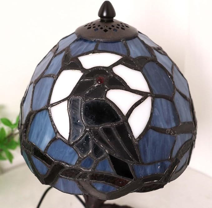 Bieye L12010 Raven Sitting on Bare Tree Branch in Full Moon Night Tiffany Style Stained Glass Table Lamp for Home Decor (Dark Blue, 8Wx14H)