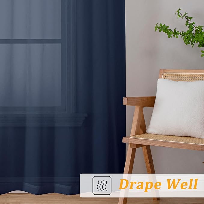 Gwine Navy Blue Sheer Curtain Tiers 24 Inch Length, Light Filtering Voile Short Curtain for Living Room Bedroom, Rod Pocket Cafe Curtains for Small Windows 42x24 Inch, 2PCS