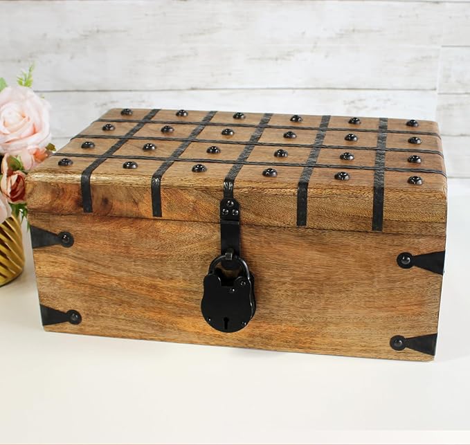 Nautical Cove Treasure Chest Wooden Box with Antique Iron Lock and Skeleton Key (X-Large 17x10x7.5) - Storage and Decor – Pirate Wooden Treasure Chest, Decorative Box with Hinged Lid,