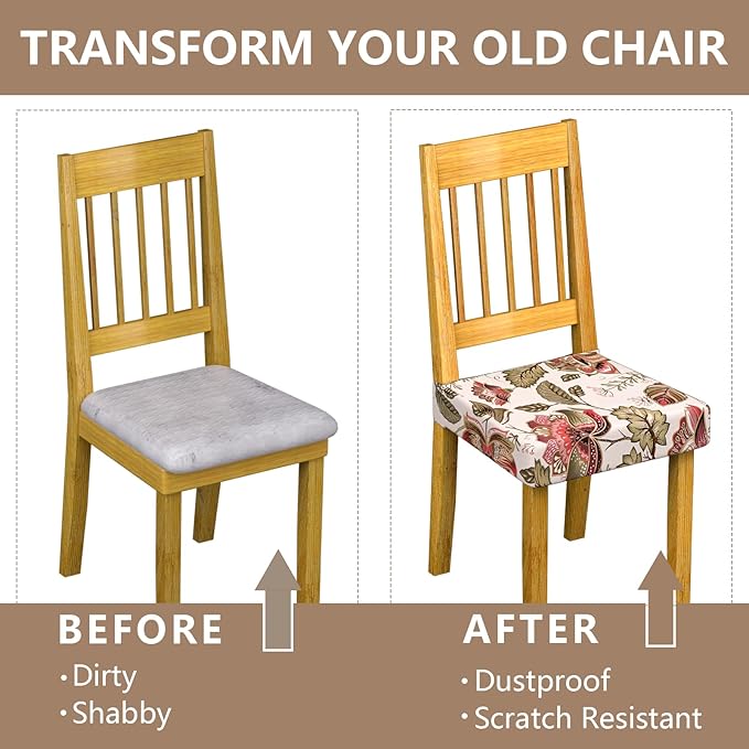 Stretch Dining Chair Seat Covers Set of 2,Dining Chair Slipcovers, Floral Printed Chair Covers,Soft Fabric Washable Upholstered Chair Seat Protector, No Rear Covers for Home Kitchen Dining Room