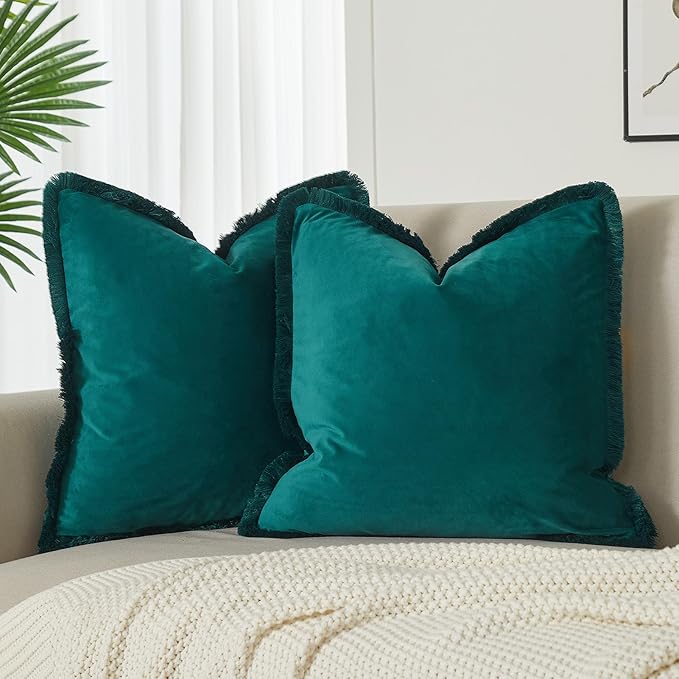 JUSPURBET Pack of 2 Peacock Blue Decorative Fringe Velvet Throw Pillow Covers 18x18 for Home Decor Living Room Bedroom Car Boho Soft Cushion Cover with Hidden Zipper Machine Washable