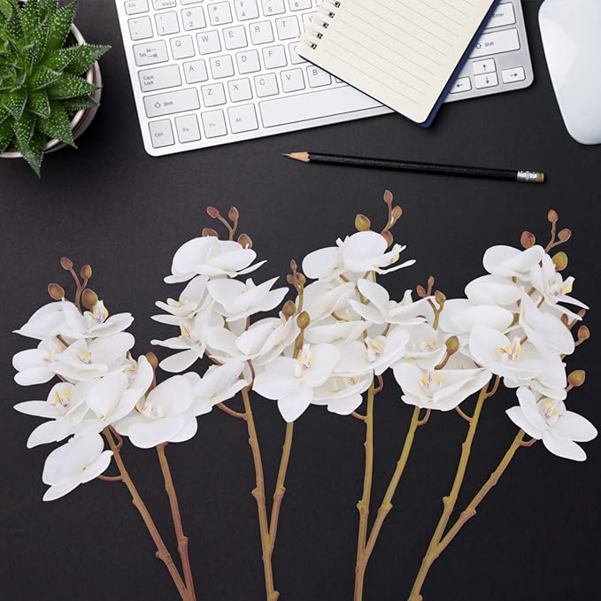 BOMAROLAN Artificial Flowers Faux Butterfly Orchid 4 Pcs Real Touch Double Branch Silk Flowers (No Vase) for Wedding Home Office Party Hotel Yard Decoration Restaurant Patio Festive Furnishing (White)