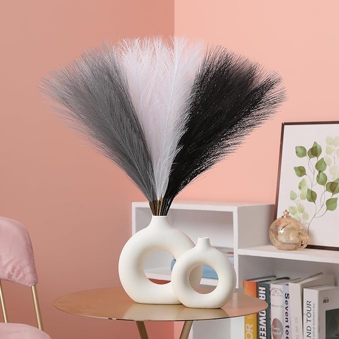 Faux Pampas Grass Decor 17.7 Inch 30pcs, Artificial Pampas Grass Fluffy Home Decor, Short Vase Room Decor pompous Grass Flower Arrangement for Boho Home Wedding Decoration (Black,White,Grey)
