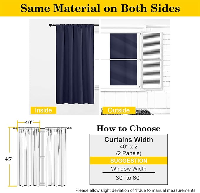 Navy Blue Room Darkening Curtains for Bedroom Living Room 45 Inch Length 2 Panels Set, Soft Solid Thermal Insulated Rod Pocket Short Curtains Drapes, Navy Blue, 2PCS Each 40" Wx45 L