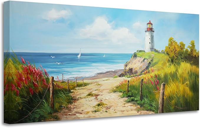 Acocifi Blue Coastal Wall Art Lighthouse Picture Nature Fall Landscape Ocean Beach Seascape Canvas Painting, Textured Artwork Large Framed for Living Room Bedroom Bathroom Office Home Decor 58"x29"
