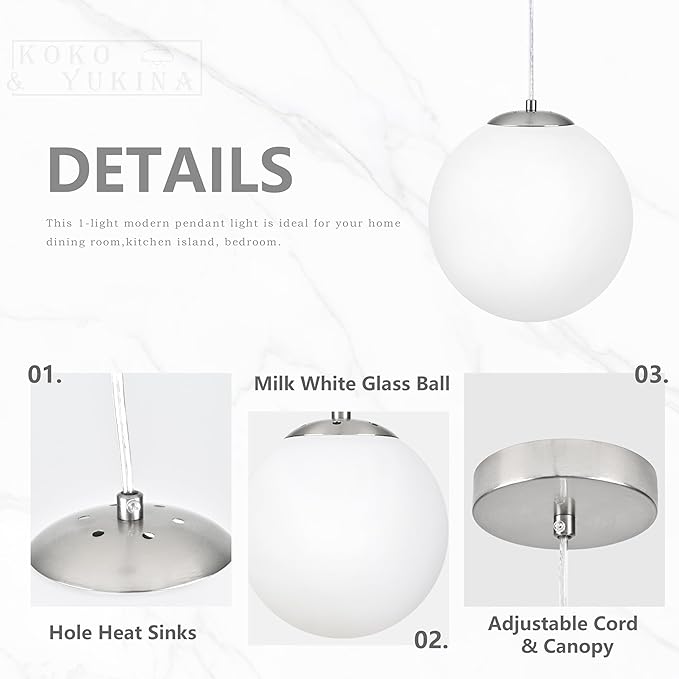 KoKo&Yukina 10 Inch Pendant Light Nickel Globe Pendant Lights Kitchen Island Mid Century Light Fixture Adjustable Globe Cluster Lights with Milky White Glass Shade for Dining Room Living Room