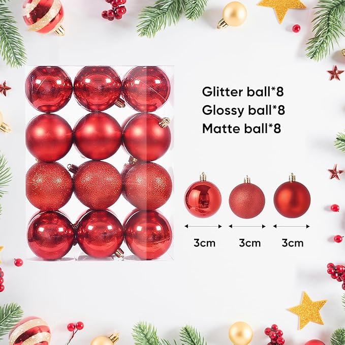 24ct Mini Christmas Balls Ornaments for Xmas Christmas Tree - Small Shatterproof Decor Hanging Ball for Holiday Wedding Party Decoration 1.18 Inch/30mm, Red