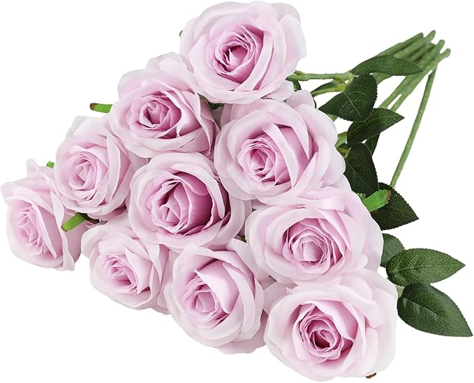 Nubry Artificial Silk Rose Flower Bouquet Lifelike Fake Rose for Wedding Home Party Decoration Event Gift 10pcs (Pale Purple)