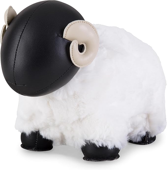 Bookend Sheep Bomy II, Leather Bookends for Shelves, Handmade Animal Lamb Home Decor, Zuny Series, Black + Wheat