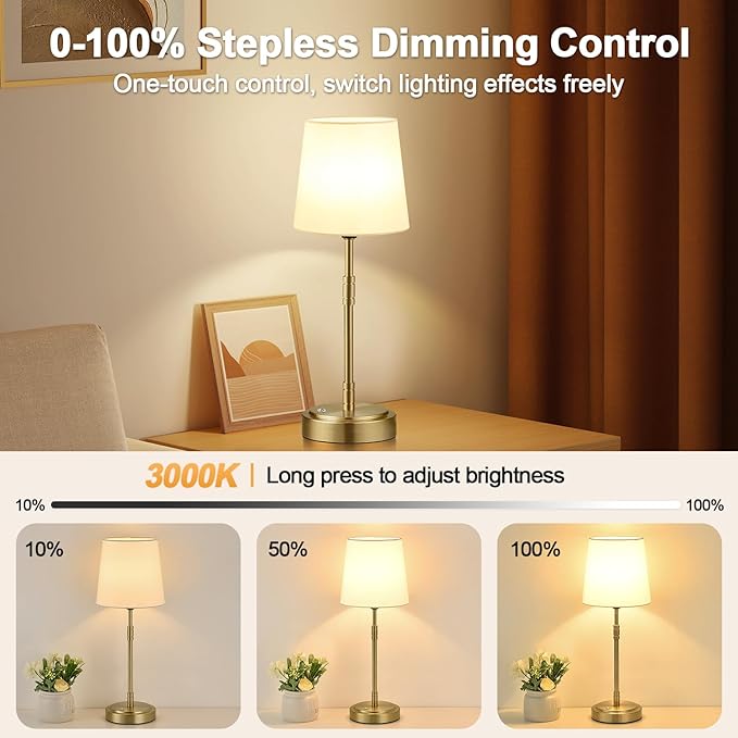 Cordless Table Lamps Set of 2 – Battery Operated Lamp with 7500mAh Rechargeable Battery, Stepless Dimmable Vintage Brass Desk Wireless Lamps for Dining Room, Nightstand & Patio (Bulbs Included)