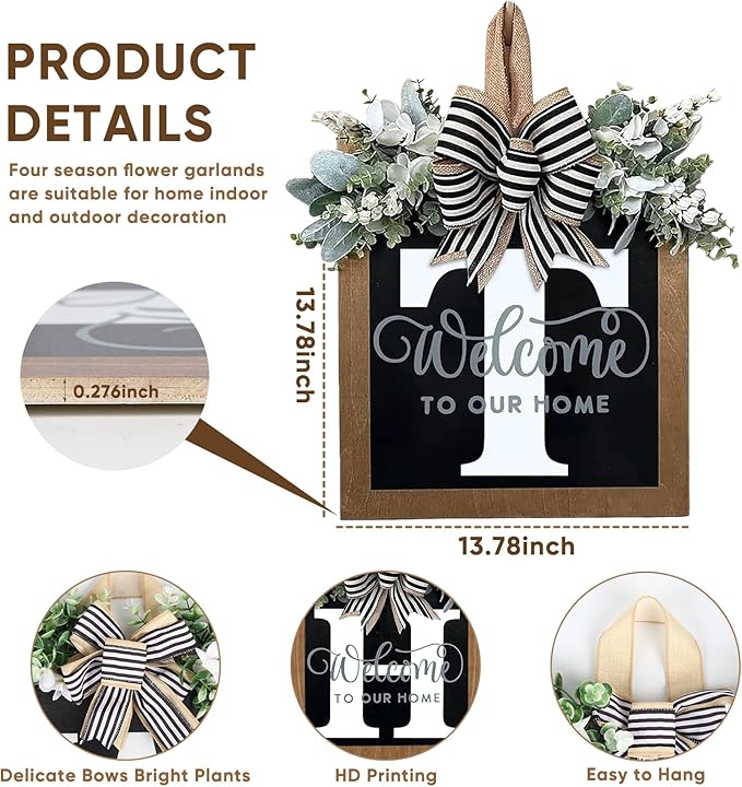 Ultra Large 14'' Last Name All Year Round Front Door Wreath with 26 Initial Letter Welcome Sign All Seasons Eucalyptus Garland and Bow Wreaths for Front Door Porch Farmhouse Decoration (T)
