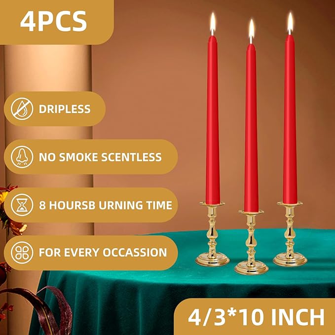4 Pack Red Taper Candles - Taper Candles 10 Inch Dripless, Smokeless & Unscented - 8 Hours Long Burning - Hand Poured Tall Candlesticks - Ideal for Weddings, Dinner Parties, and Home Decor