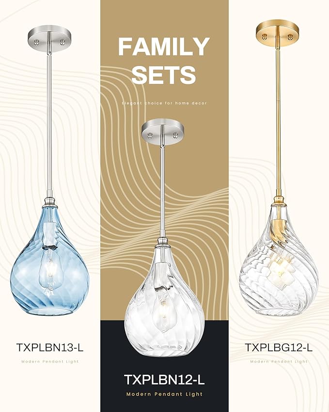 TENGXIN 8 Inch Hanging Light for Kitchen Island,Kitchen Pendant Lighting Over Island,Brushed Nickel Finished Blue Glass Pendant Light,Farmhouse Pendant Light for Dining Room,TXPLBN13-L