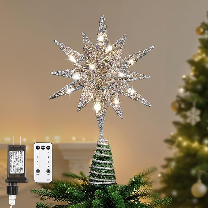 Lewondr Christmas Tree Topper, Plug in 3D Starburst Xmas Lighted Star Tree Topper, Remote Control & Timer Light Up Vintage Moravian Tree Topper for Christmas Decoraiton, Warm Light, Silver