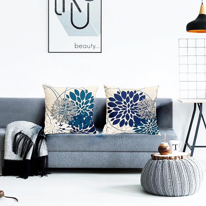 Decorative Throw Pillow Covers Set of 2 Blue Pillow Covers 20x20 inch Linen Square Pillow Cases,Farmhouse Modern Geometric Floral Outdoor Pillow Cover for Couch Sofa Living Room Bedroom