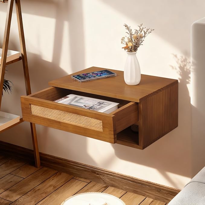 Floating Nightstand, Wall Mounted Rattan Bedside Bedroom Nightstand, with Storage Drawer and Modern Open Shelf Cubby, Minimalist and Unique Style 16”x 10”x 8” Brown