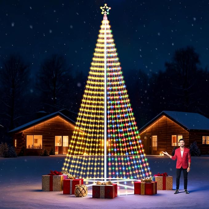 Riakrum 20ft-3199 LED Flagpole Christmas Tree Lights Outdoor Decorations with Star Topper, 8 Lighting Modes Pre-lit LED Flagpole Christmas Lights Multicolor, Outside Yard Holiday Display