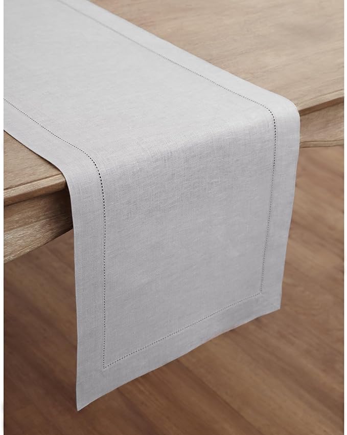 Solino Home Linen Soft Grey Table Runner 48 Inches - Classic Hemstitch, 100% Pure Linen Coffee Table Runner 14 x 48 Inch Ideal for Dresser Tables - Winter, Spring, Easter