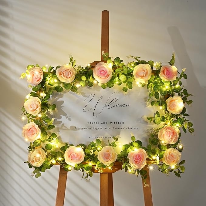 Dolicer 2Pcs 13Ft Artificial Eucalyptus Garlands with Flowers - 8 Roses, Faux Floral Greenery Garlands with 13Ft String Lights Fake Flower Vines for Wedding Table Centerpieces Arch Party Decor (Pink)