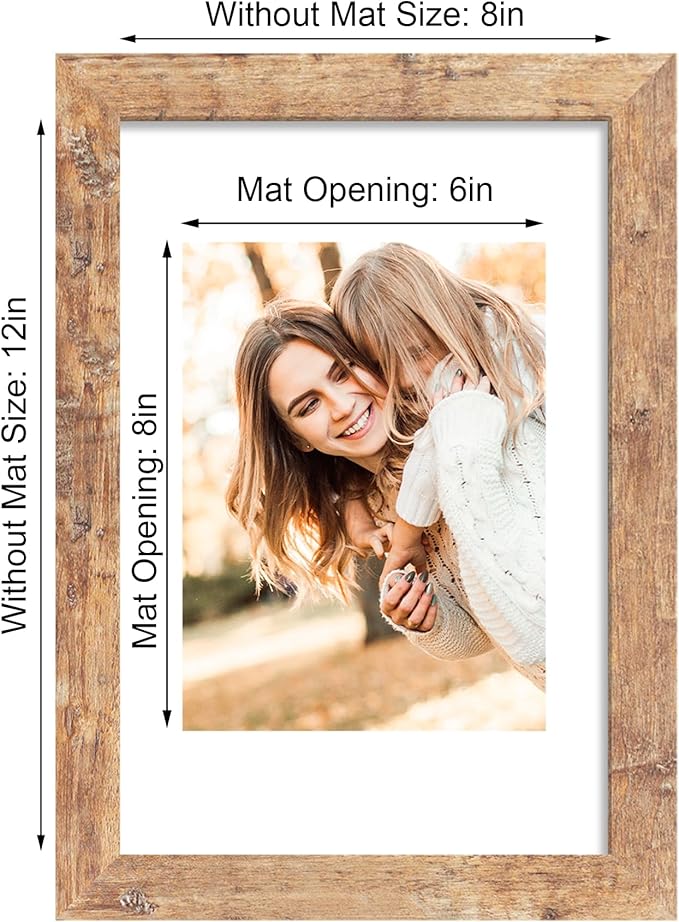 iRahmen 8x12 Picture Frame Set of 4 with High Definition Real Glass, Display 6x8 Pictures with Mat or 8 x 12 Without Mat, Rustic Brown Wood Photo Frames for Tabletop and Wall Mounting
