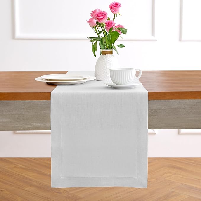 Solino Home Linen Table Runner 36 Inches - 100% Pure Linen Silver Cloud Table Runner 14 x 36 Inch Ideal for Dresser and Coffee Tables - Fete, Winter